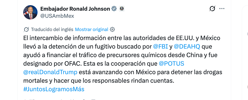 Ronald Johnson destaca coordinación México-Estados Unidos tras captura de "Don Flaco"