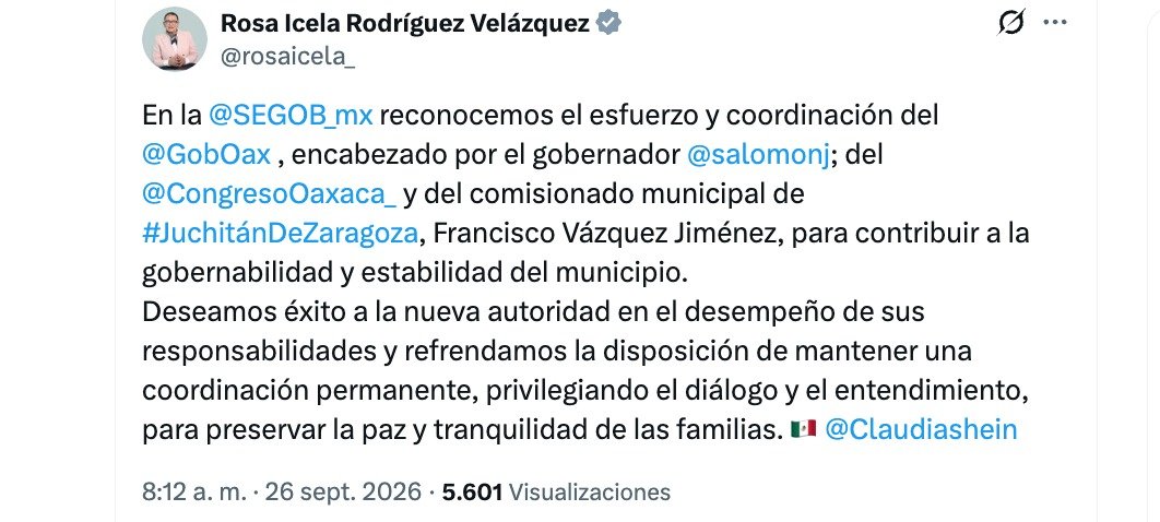 Rosa Icela Rodríguez respalda coordinación para mantener gobernabilidad en Juchitán